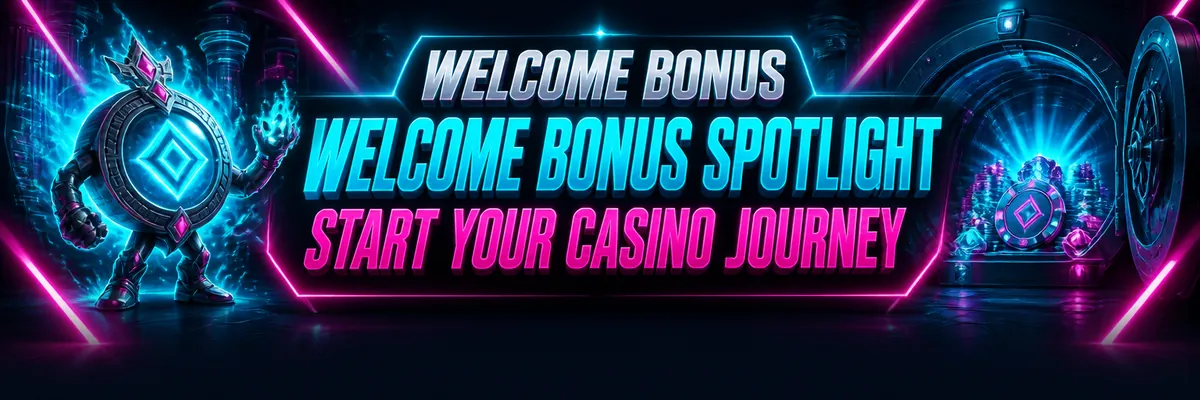 Neon amulet mascot presenting a glowing welcome bonus invitation in a dark futuristic casino